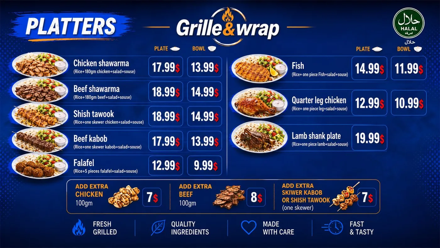 Platters menu — chicken shawarma, beef shawarma, shish tawook, beef kabob, falafel, fish, quarter leg chicken, lamb shank