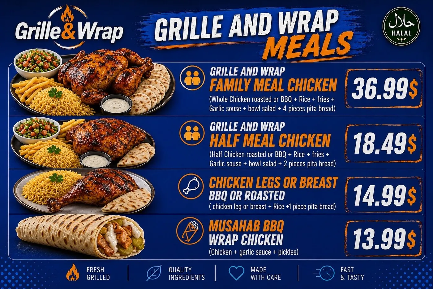 Grille and Wrap meals — family meal chicken, half meal chicken, chicken legs or breast, musahab BBQ wrap