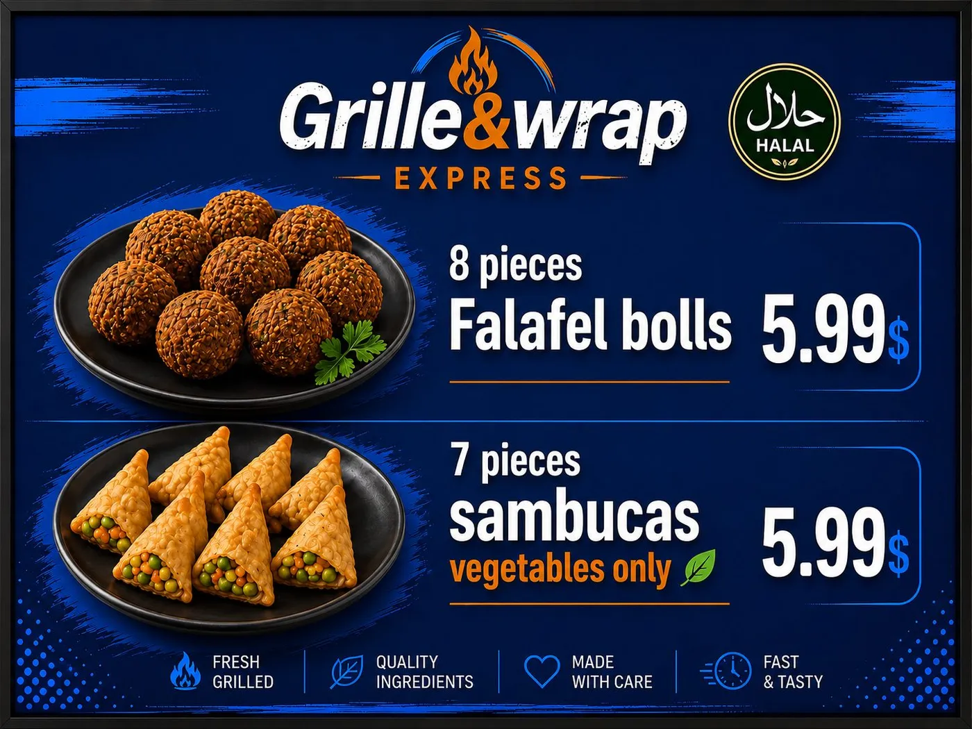 8 pieces Falafel balls and 7 pieces vegetable sambucas — 5.99 each