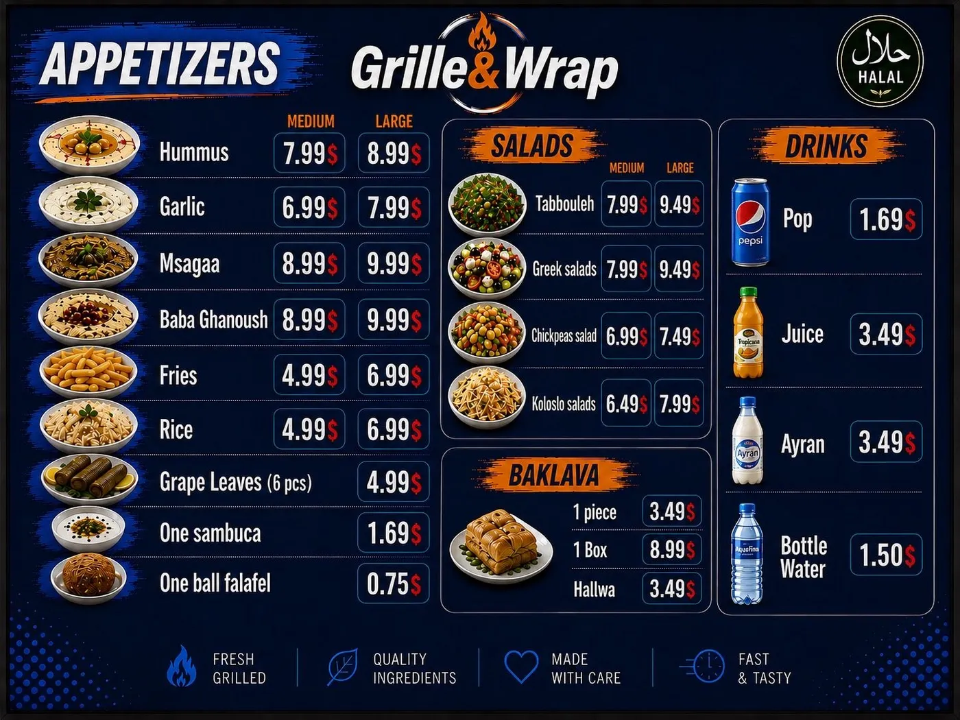 Appetizers, salads, baklava and drinks menu