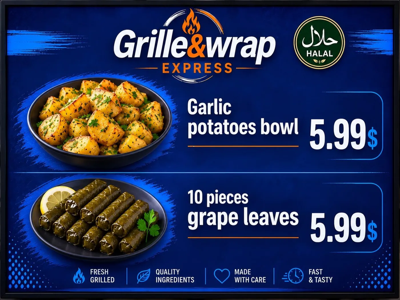Garlic potatoes bowl and 10 pieces grape leaves — 5.99 each