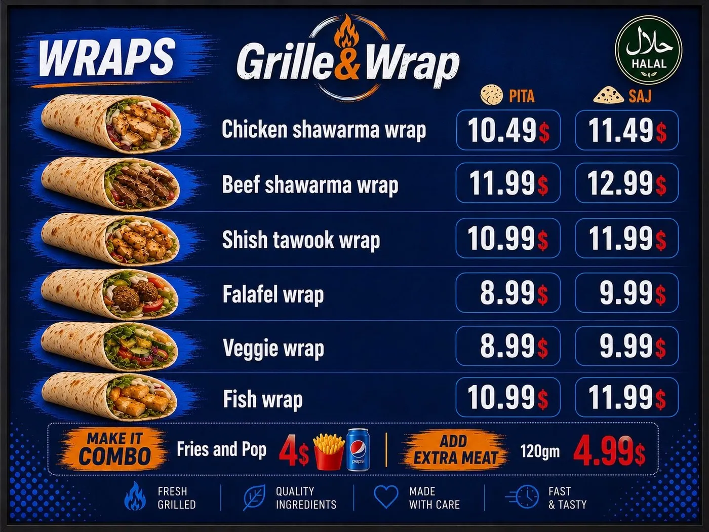 Wraps menu — chicken shawarma, beef shawarma, shish tawook, falafel, veggie and fish wraps with pita and saj prices